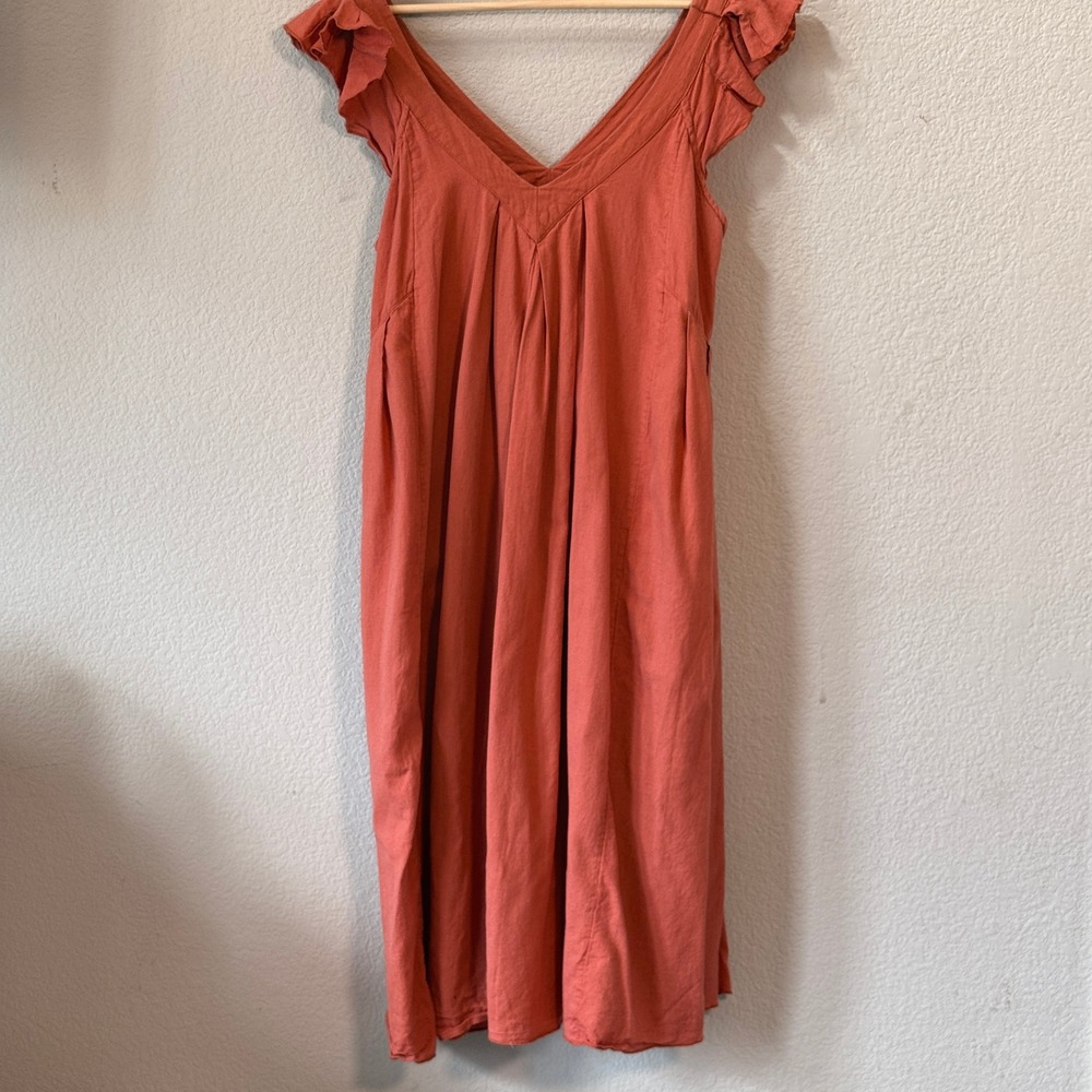 Free People Midi Dress Ruffle Sleeve V-Neck Terracotta Orange XS Pockets